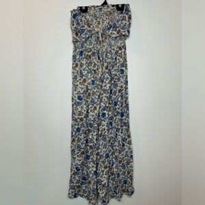Patrons of Peace Smocked Strapless Tie Front Floral Wide Leg Jumpsuit Size Small